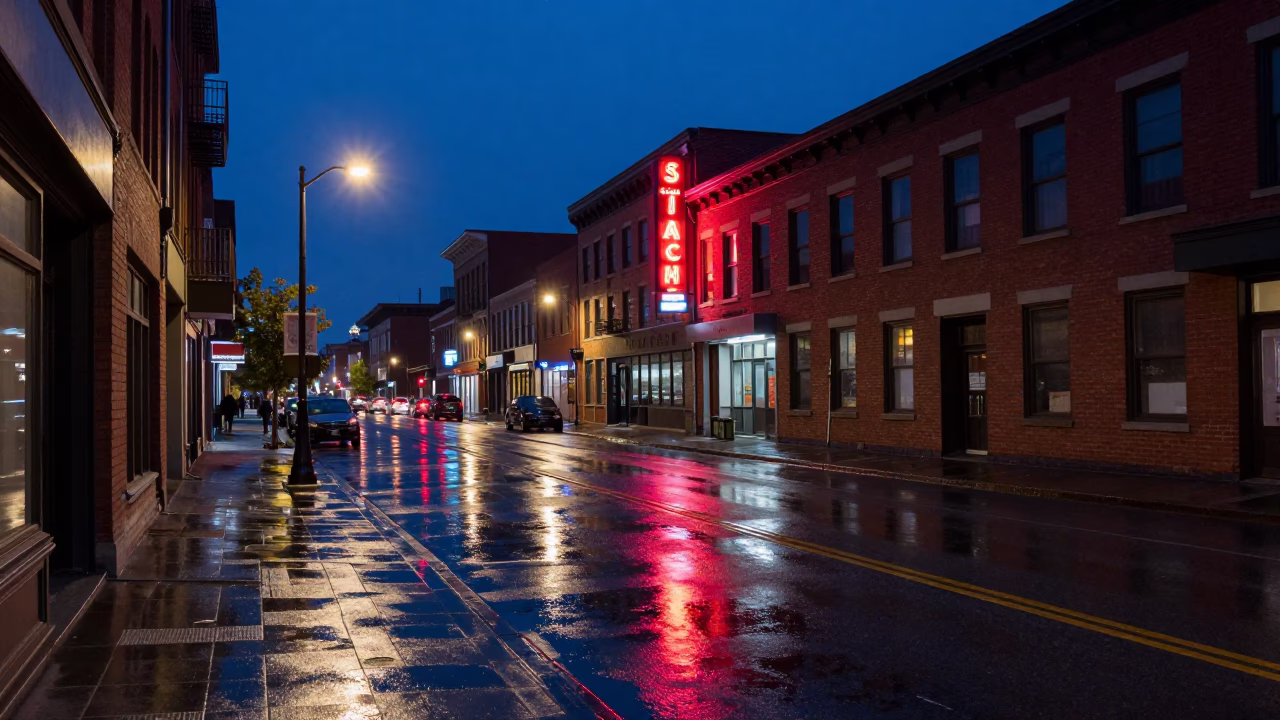 Midnight Street Scene in Toronto Ontario Featuring Wet Pavement Reflections and Urban Architecture in in Toronto, Ontario, Canada