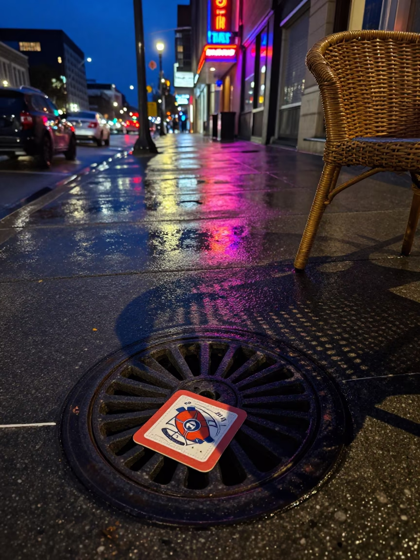 Midnight Street Scene in Toronto Ontario with Coaster and Wicker Shadow on Drain in in Toronto, Ontario, Canada