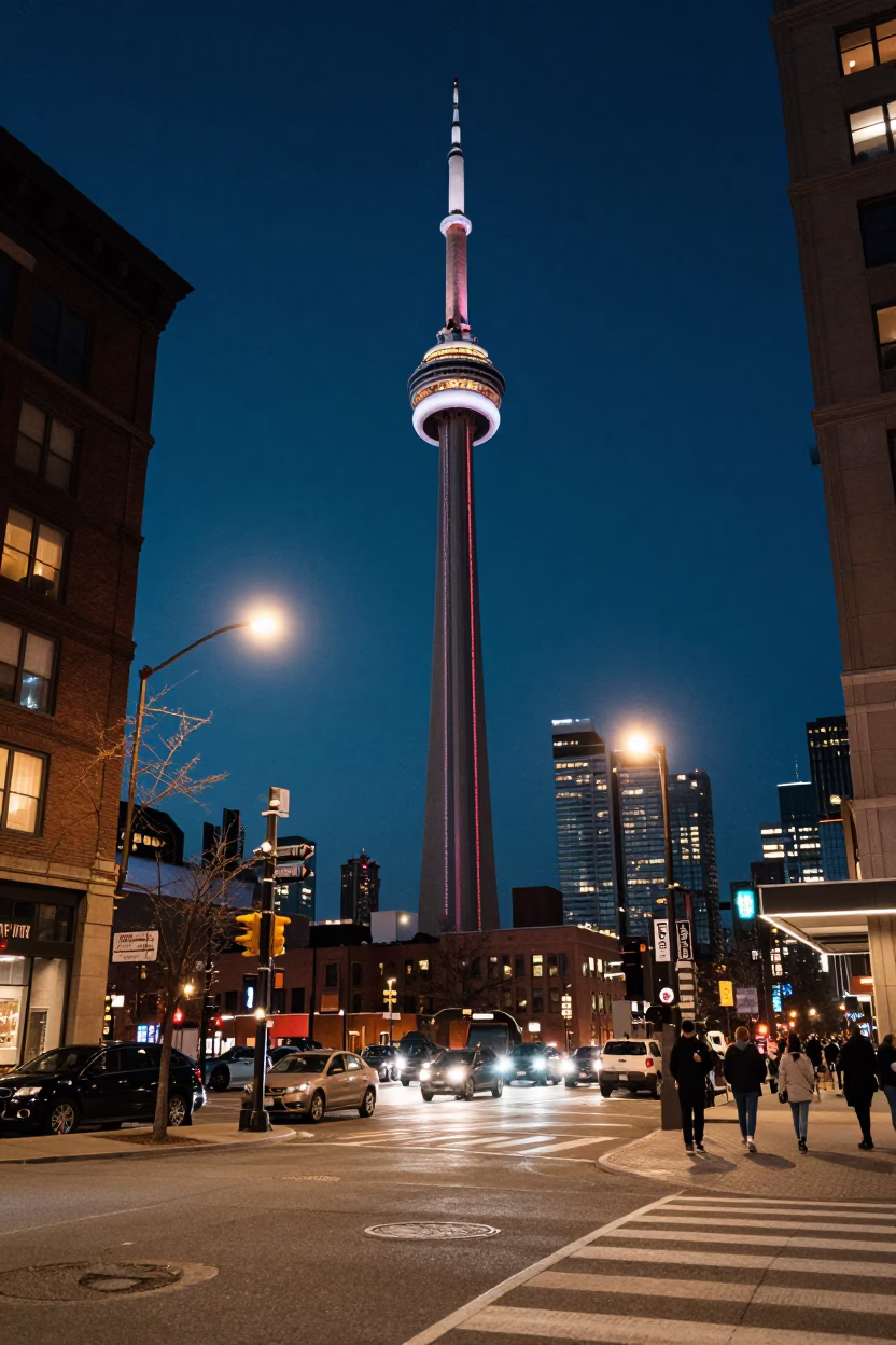Midnight Street Scene in Toronto Ontario with Illuminated CN Tower and Urban Architecture in in Toronto, Ontario, Canada