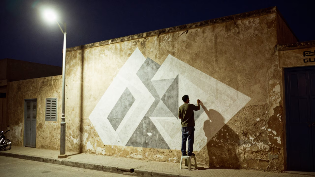 Midnight Street Scene in Tunis Tunisia with Artist Painting Mural and Thermos on Sidewalk in in Tunis, Tunisia