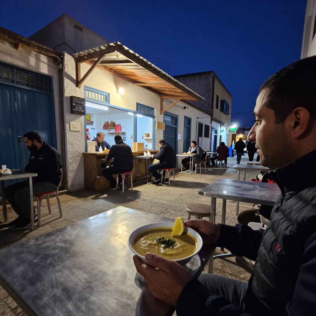 Midnight Street Scene in Tunis Tunisia with Bowl of Harira Soup and Glass Jar in in Tunis, Tunisia