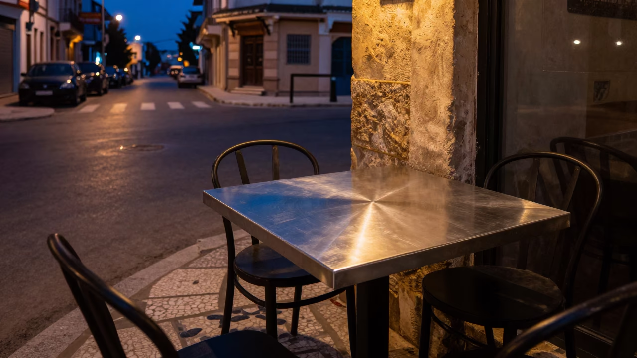 Midnight Street Scene in Tunis Tunisia with Brushed Steel Tabletop and Jar in in Tunis, Tunisia