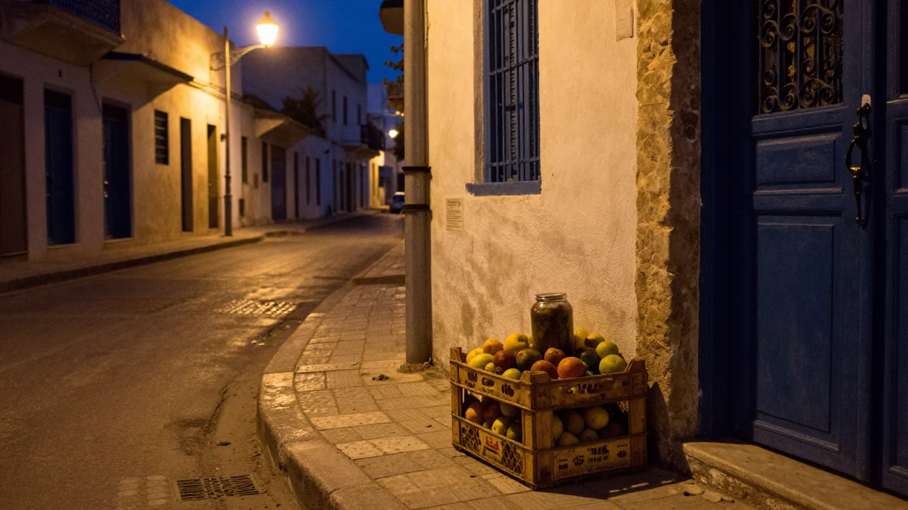 Midnight street scene in Tunis Tunisia with fruit crate and jar on sidewalk in in Tunis, Tunisia