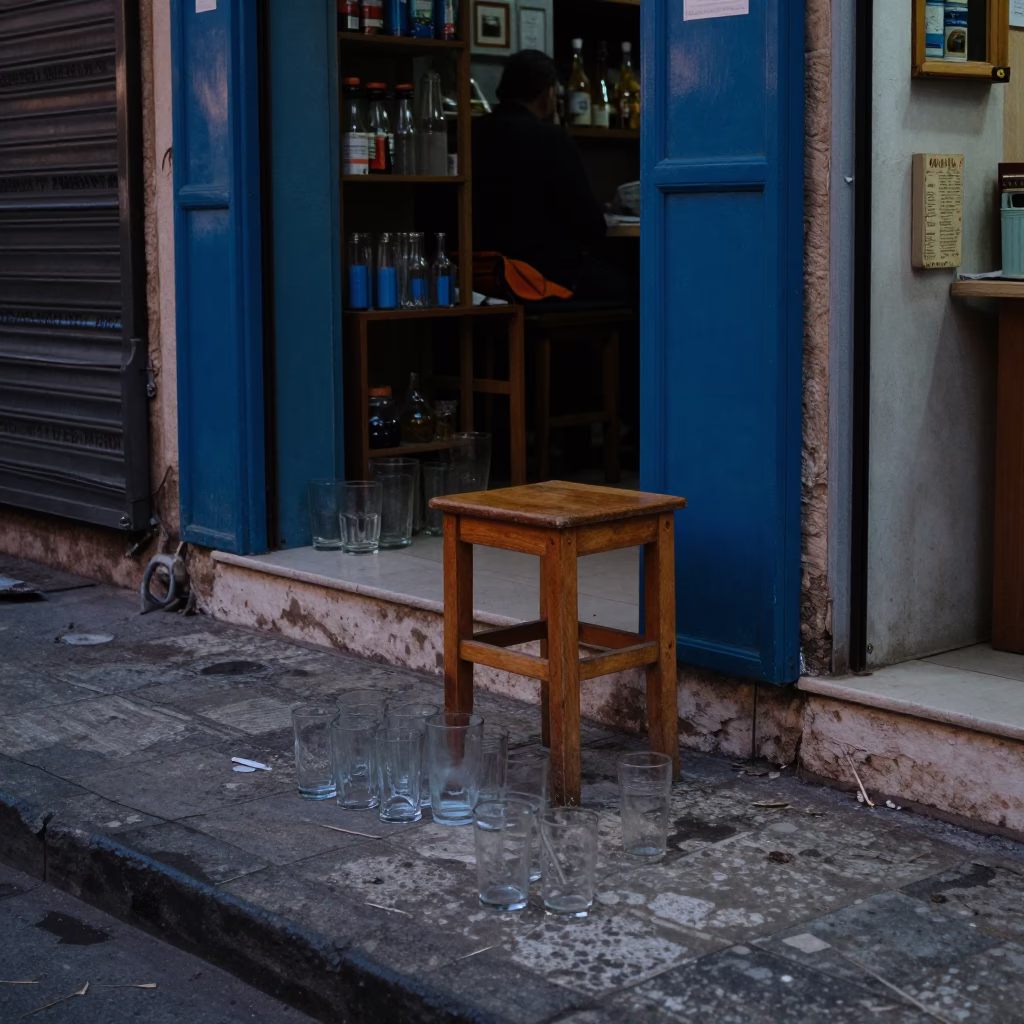 Midnight Street Scene in Tunis Tunisia with Glass Tumblers and Wooden Stool in in Tunis, Tunisia