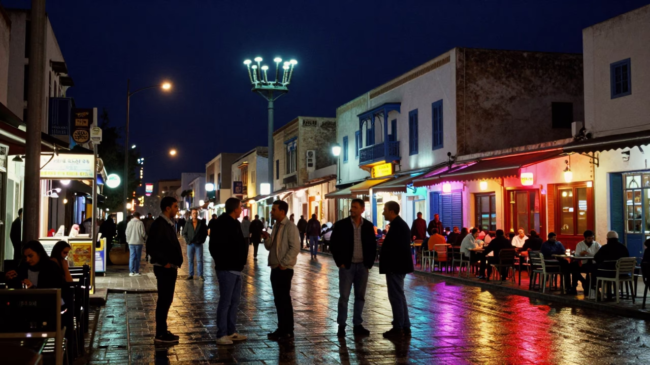 Midnight street scene in Tunis Tunisia with glowing substation busbars and local nightlife in in Tunis, Tunisia