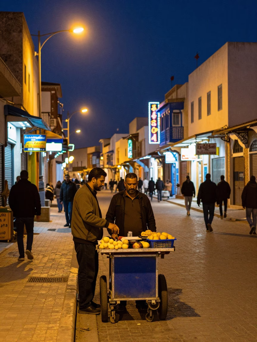 Midnight Street Scene in Tunis Tunisia with Local Vendor and Colorful Lanterns in in Tunis, Tunisia