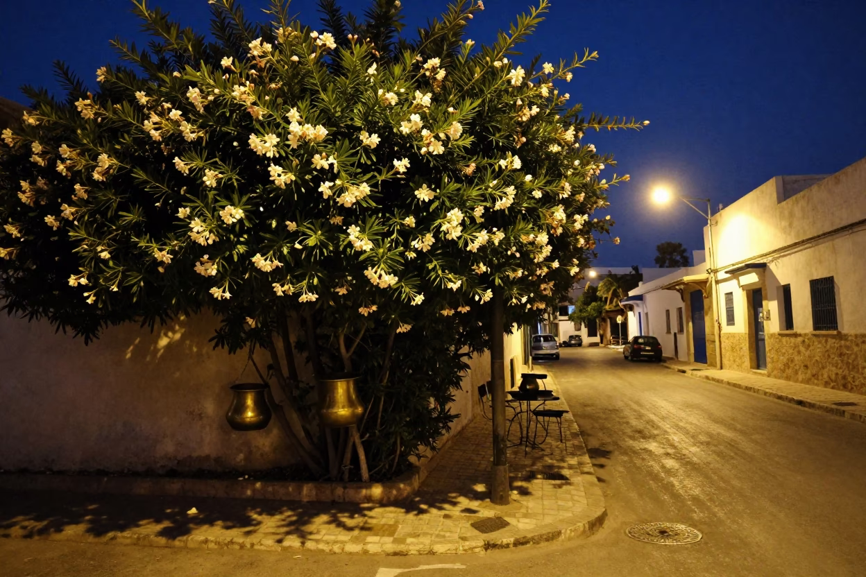 Midnight Street Scene in Tunis Tunisia with Oleander Hedge and Brass Door Handle in in Tunis, Tunisia
