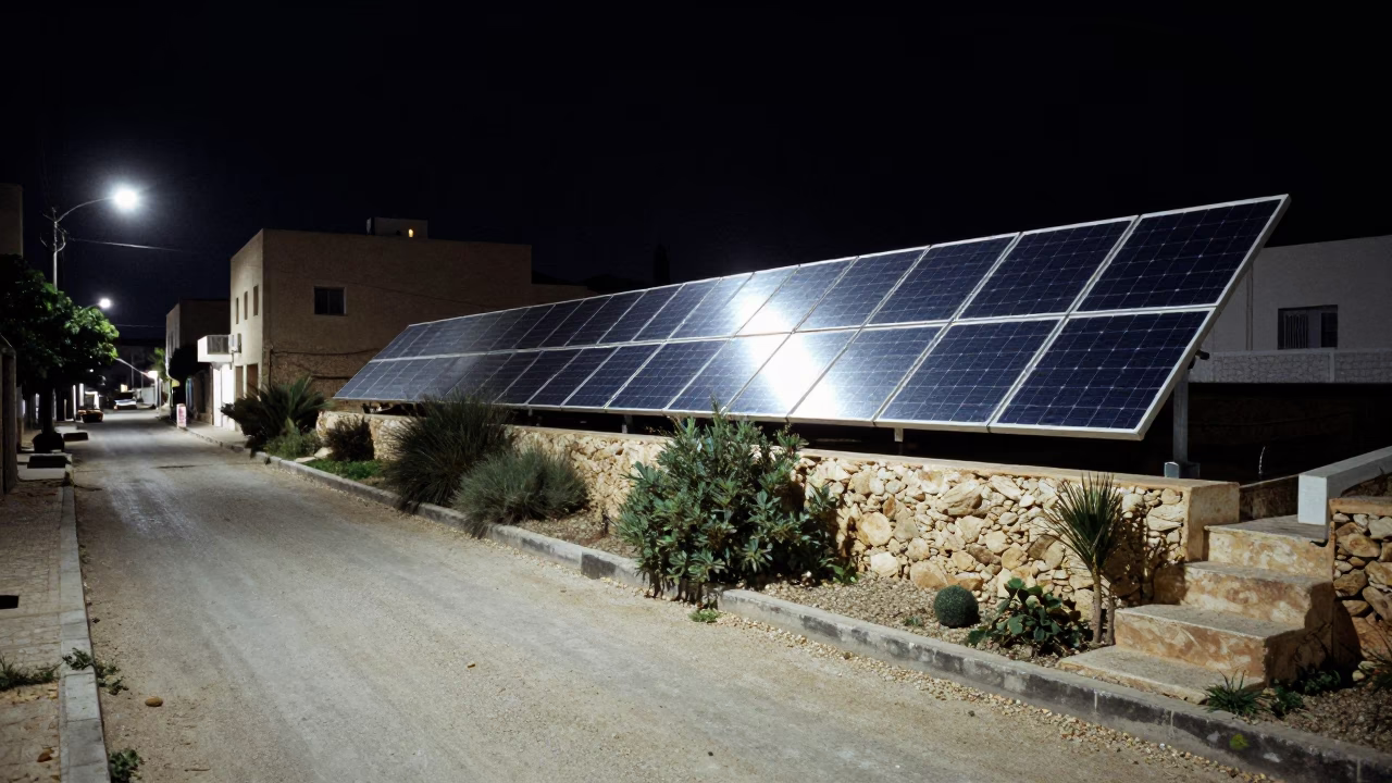 Midnight Street Scene in Tunis Tunisia with Solar Array and Step Ladder in in Tunis, Tunisia