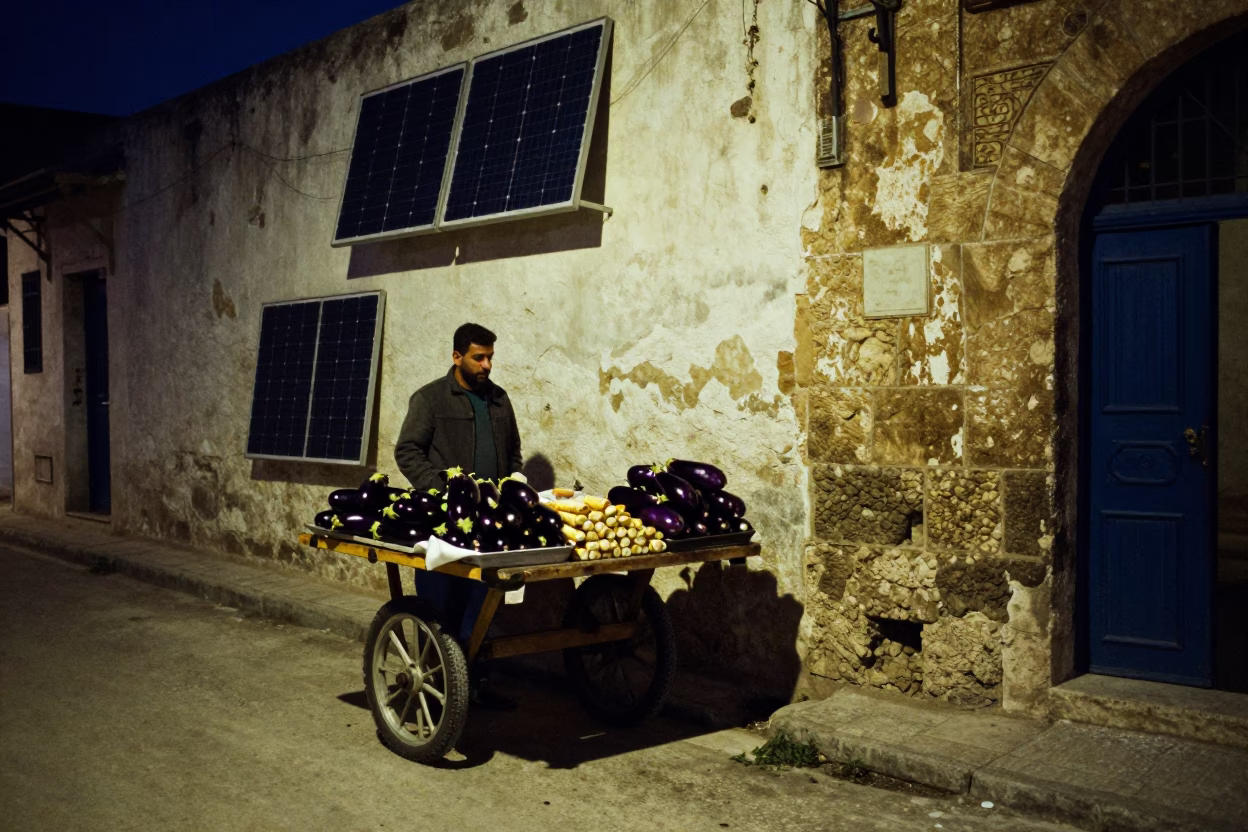 Midnight Street Scene in Tunis Tunisia with Solar Panels and Eggplants in in Tunis, Tunisia
