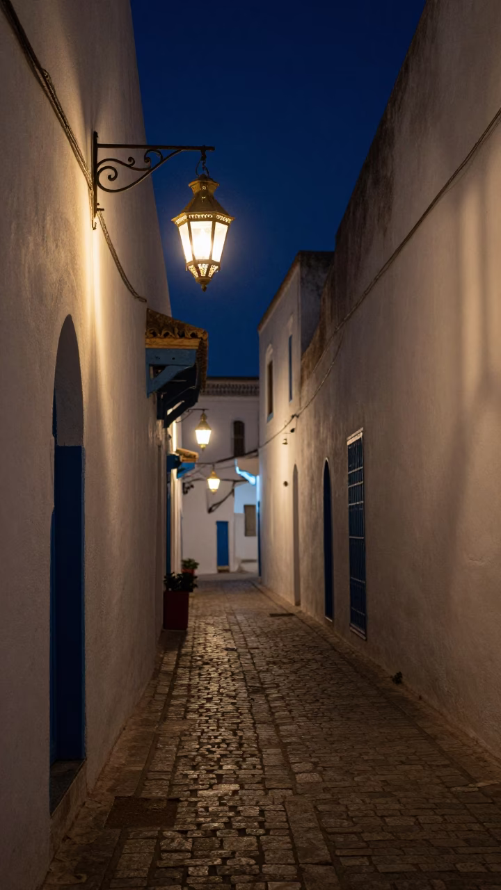 Midnight Street Scene in Tunis Tunisia with Traditional Lantern and Cobblestone Alley in in Tunis, Tunisia
