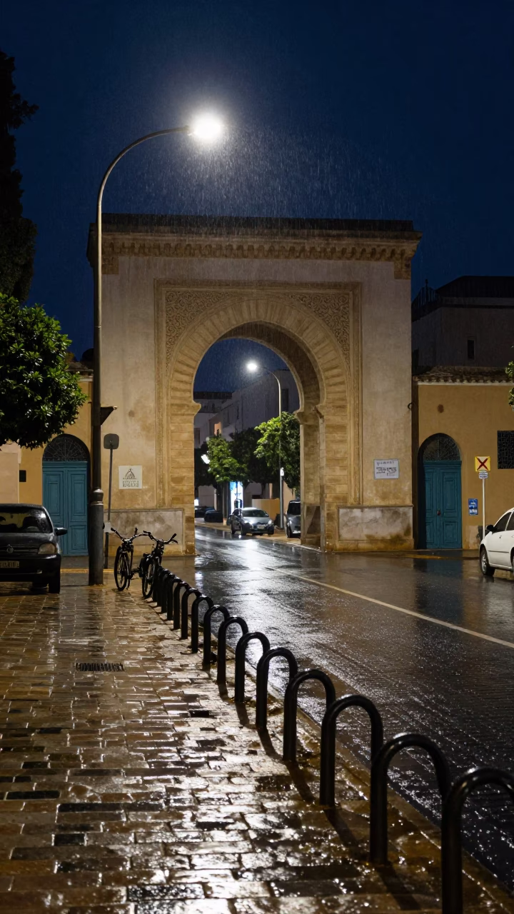 Midnight Street Scene in Tunis Tunisia with University Archway and Wet Bicycle Rack in in Tunis, Tunisia