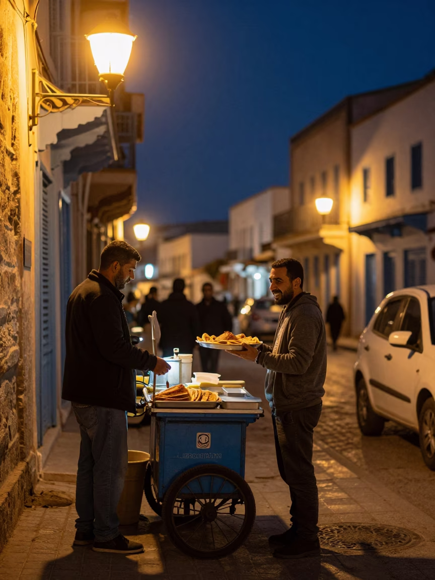 Midnight street scene in Tunis Tunisia with vendor and warm lights in in Tunis, Tunisia