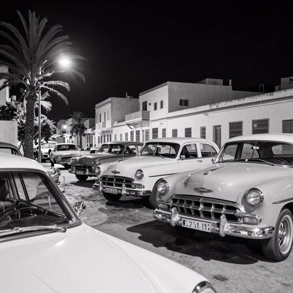 Midnight Street Scene in Tunis Tunisia with Vintage Cars and Palm Trees in in Tunis, Tunisia