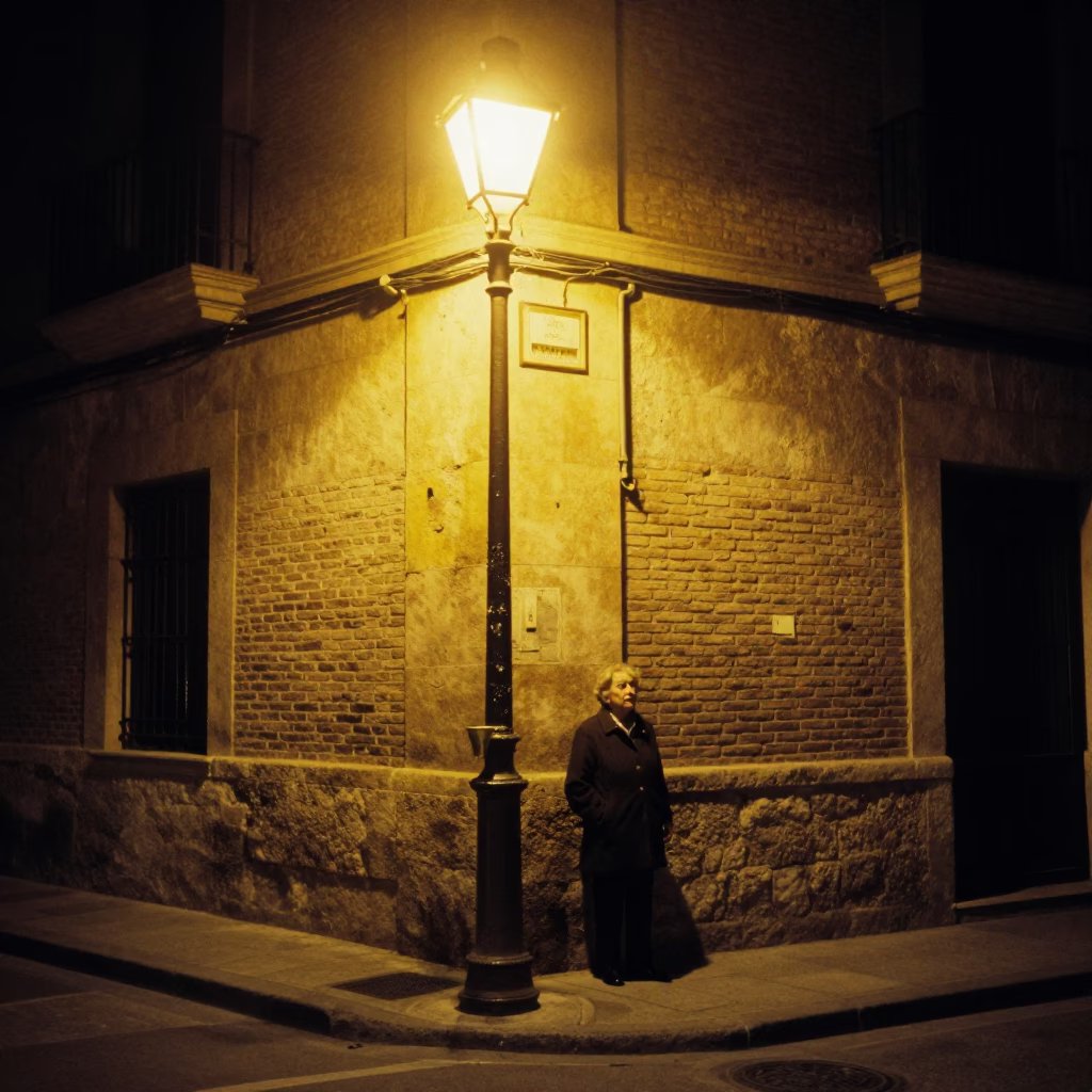 Midnight Street Scene in Valencia Spain with Brass Cup and Wall Shelf in in Valencia, Spain
