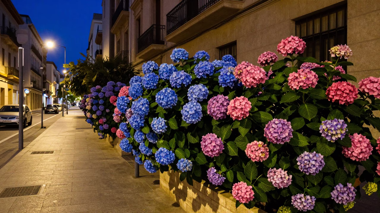 Midnight Street Scene in Valencia Spain with Colorful Hydrangeas and Urban Details in in Valencia, Spain