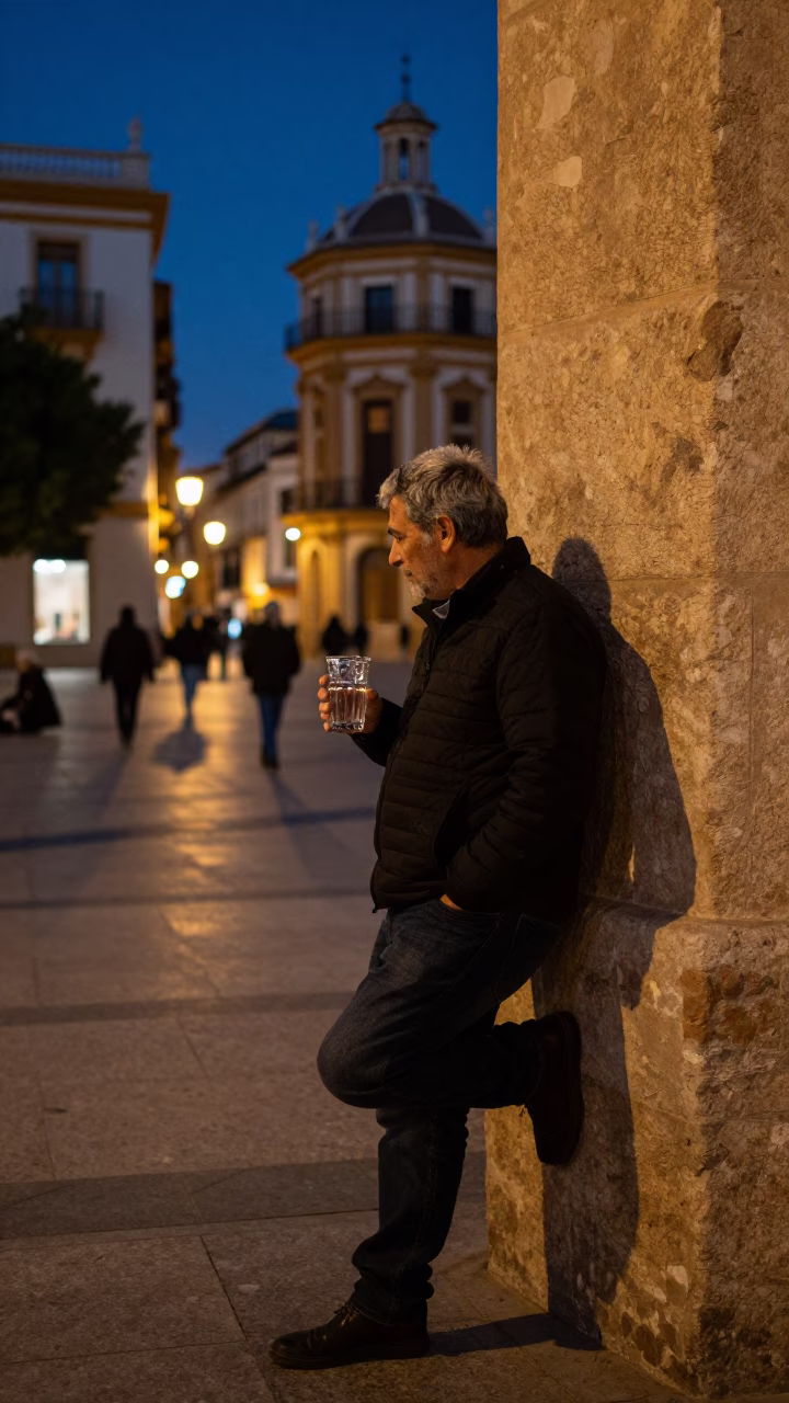 Midnight Street Scene in Valencia Spain with Glass Tumbler and Brushed Steel Lamp Base in in Valencia, Spain