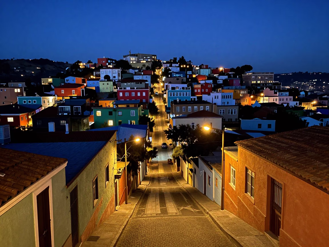 Midnight Street Scene in Valparaiso Chile Colorful Hills and Urban Details in in Valparaiso, Chile
