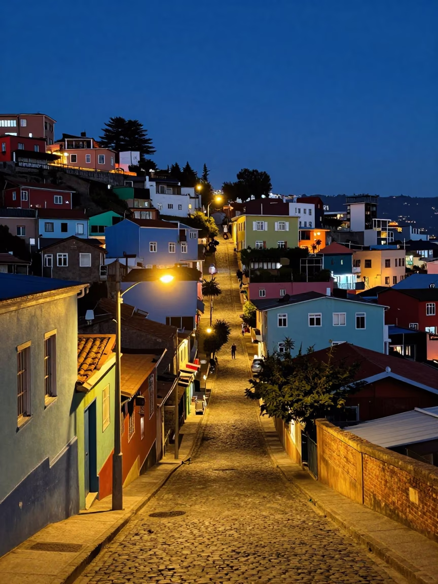 Midnight Street Scene in Valparaiso Chile Colorful Hillside Architecture and Local Life in in Valparaiso, Chile