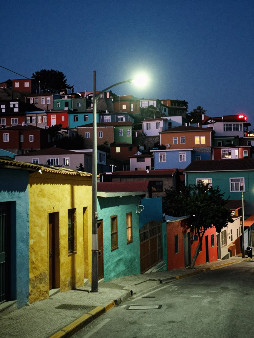 Midnight Street Scene in Valparaiso Chile Colorful Hillside Neighborhood in in Valparaiso, Chile