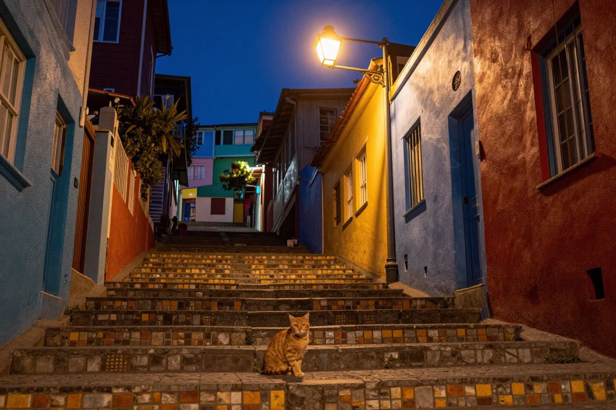 Midnight Street Scene in Valparaiso Chile Colorful Houses and Ginger Cat in in Valparaiso, Chile