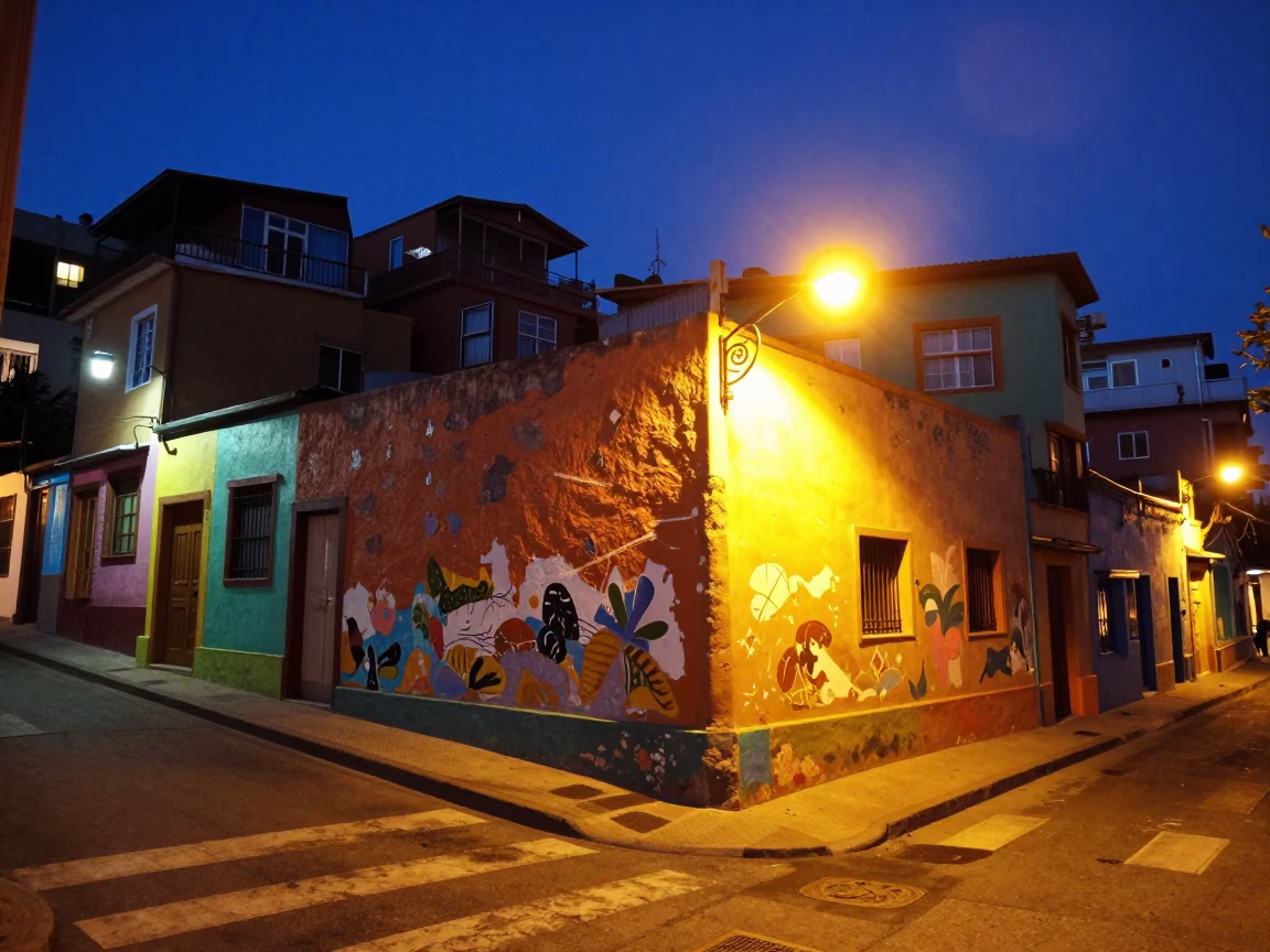Midnight Street Scene in Valparaiso Chile Colorful Walls and Neon Lights in in Valparaiso, Chile
