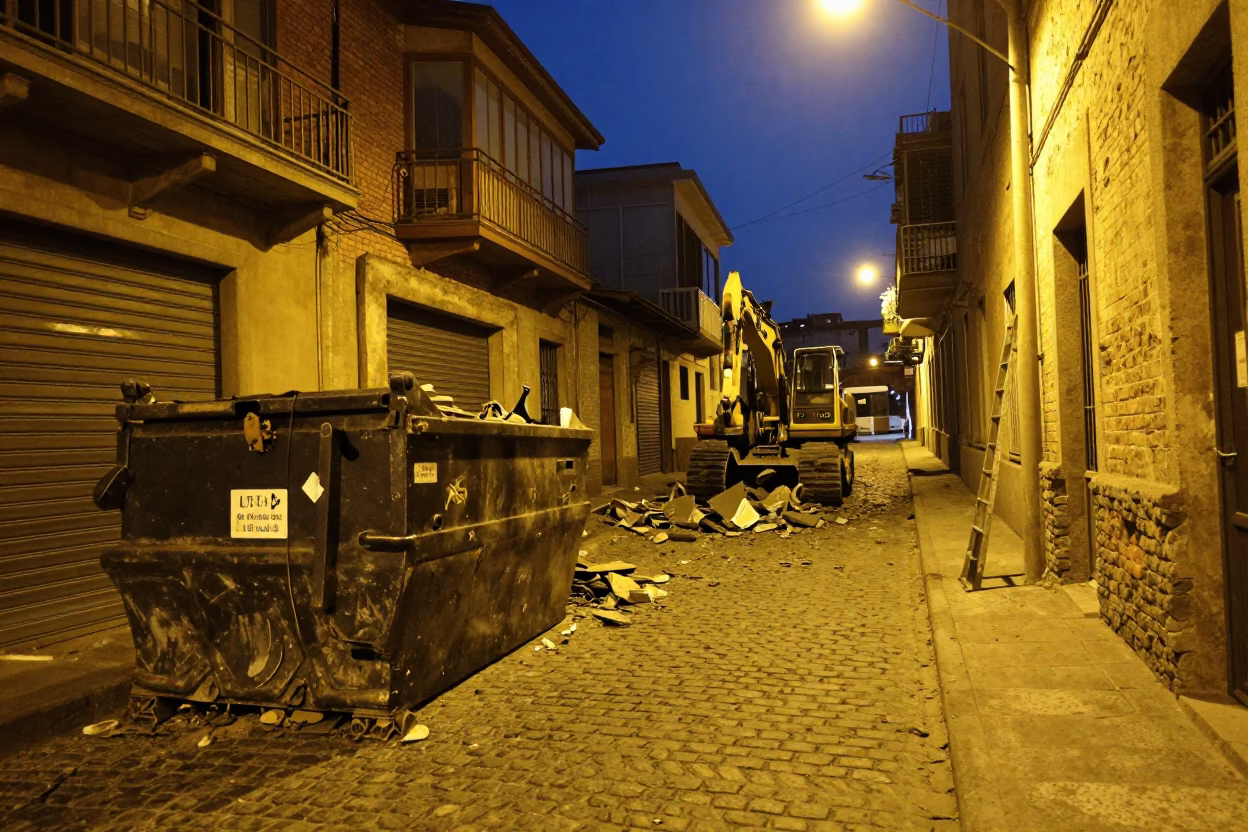 Midnight Street Scene in Valparaiso Chile Demolition Dumpster and Ladder in in Valparaiso, Chile
