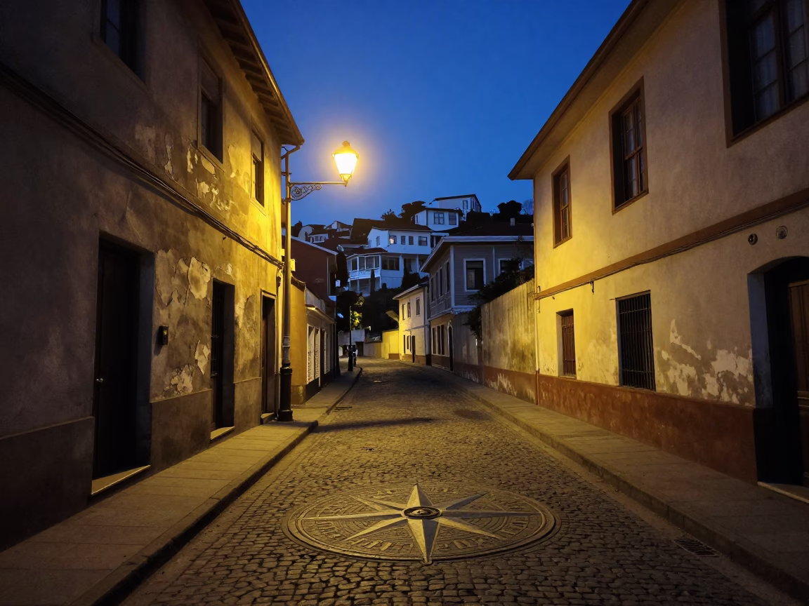Midnight street scene in Valparaiso Chile with antique compass rose on weathered wall in in Valparaiso, Chile