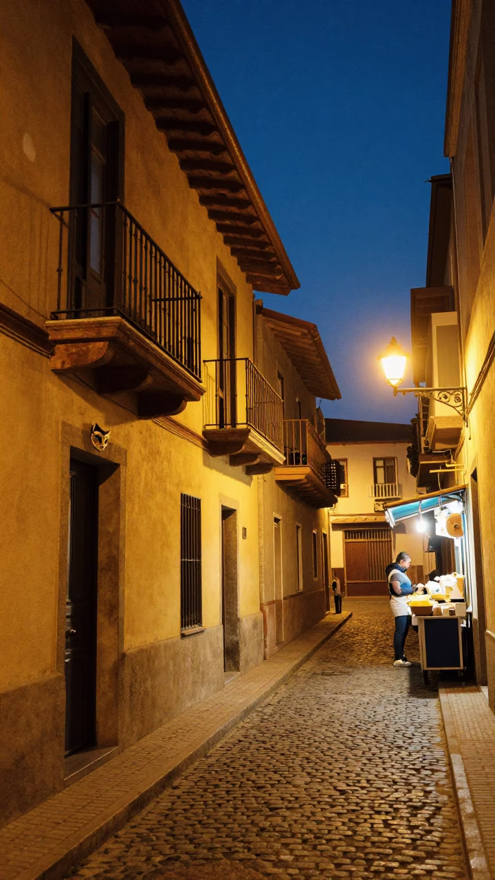 Midnight street scene in Valparaiso Chile with balcony and street food in in Valparaiso, Chile