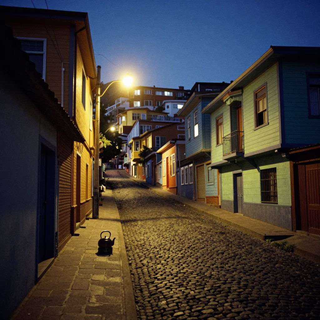 Midnight Street Scene in Valparaiso Chile with Brush and Kettle on Cobblestone in in Valparaiso, Chile