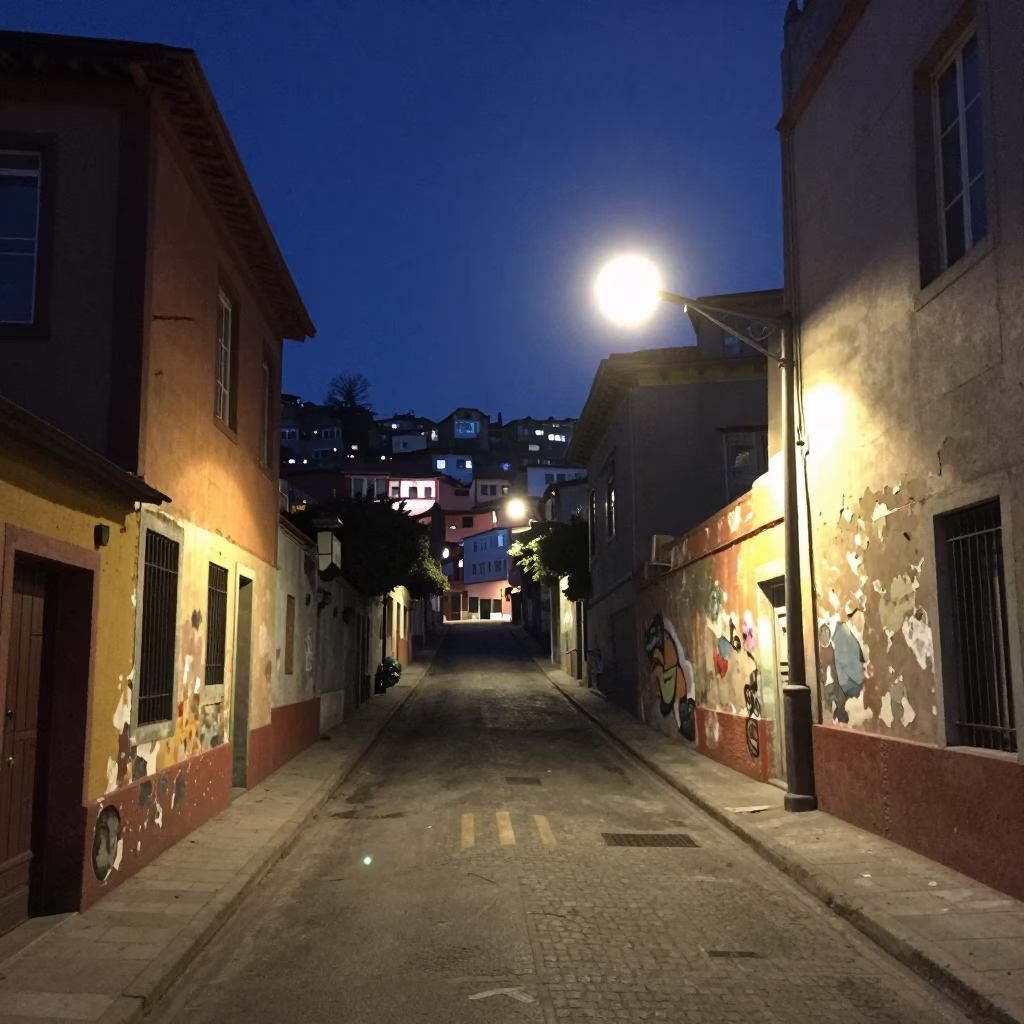 Midnight Street Scene in Valparaiso Chile with Colorful Faded Walls and Urban Details in in Valparaiso, Chile