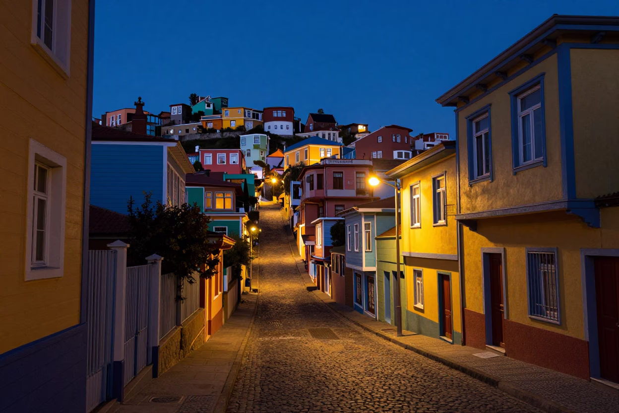 Midnight street scene in Valparaiso Chile with colorful hillside houses and a glowing lantern in in Valparaiso, Chile