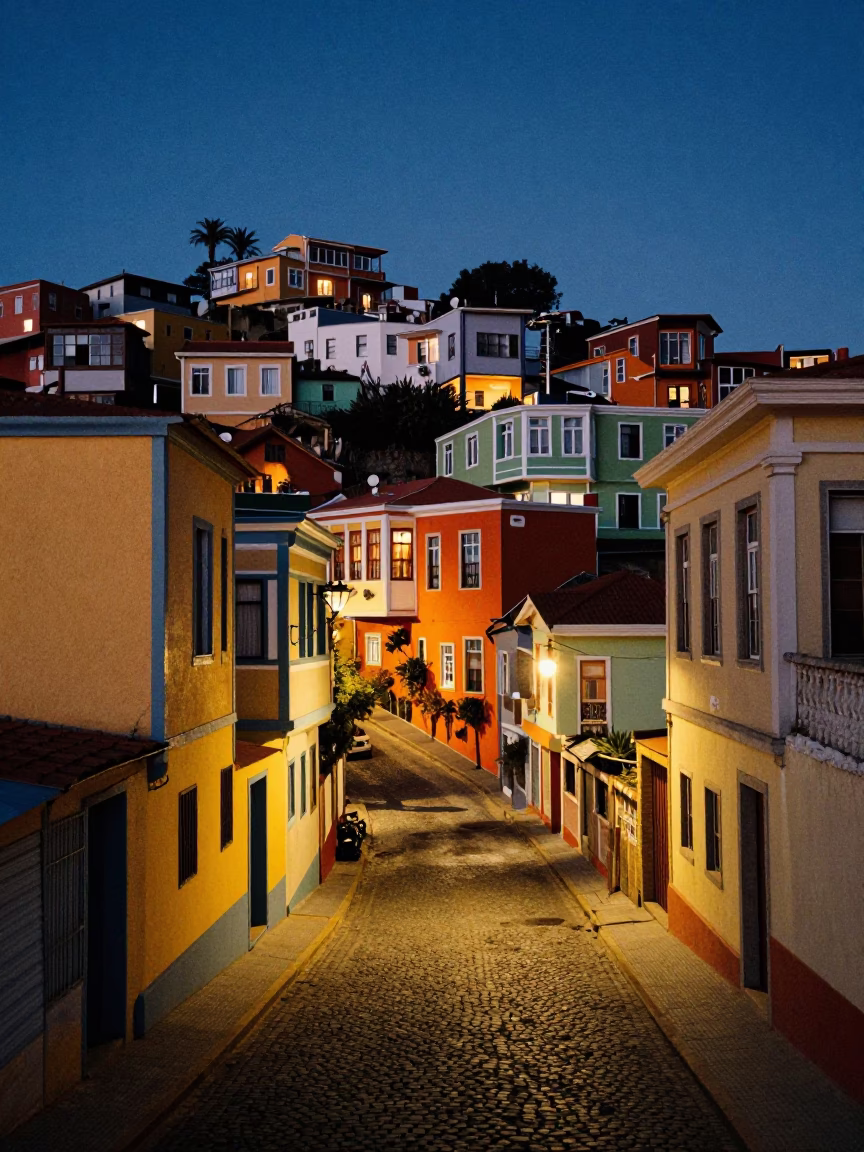 Midnight street scene in Valparaiso Chile with colorful hillside houses and parked bicycle in in Valparaiso, Chile