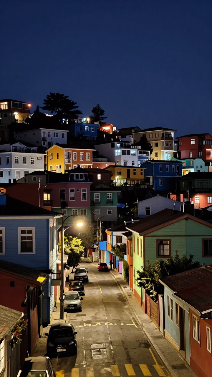 Midnight Street Scene in Valparaiso Chile with Colorful Hillside Houses and Street Light in in Valparaiso, Chile