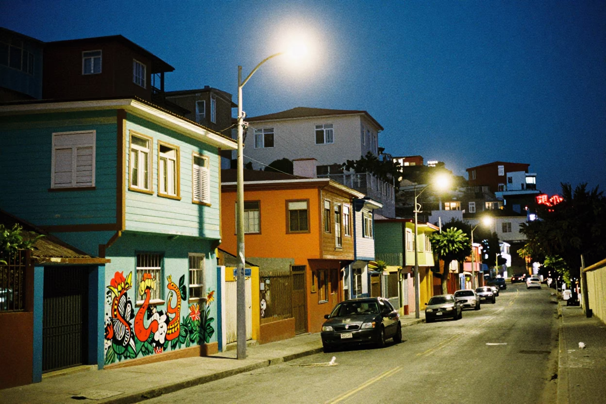 Midnight Street Scene in Valparaiso Chile with Colorful Houses and Street Art in in Valparaiso, Chile