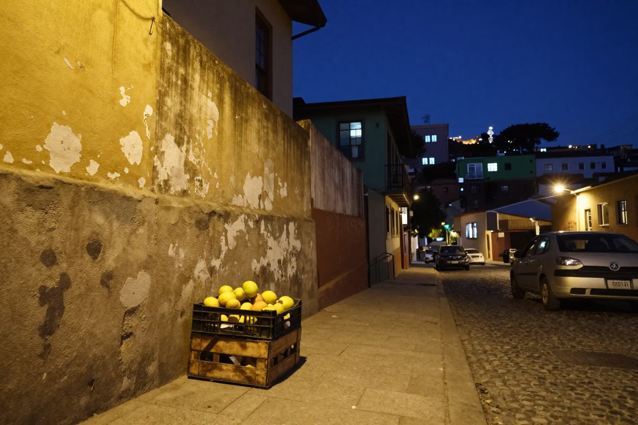 Midnight Street Scene in Valparaiso Chile with Fruit Crate and Wall Hook in in Valparaiso, Chile