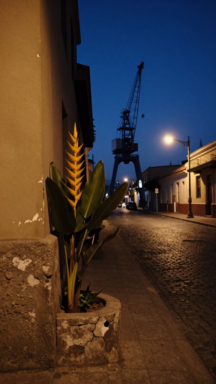 Midnight Street Scene in Valparaiso Chile with Heliconia and Rotating Crane in in Valparaiso, Chile