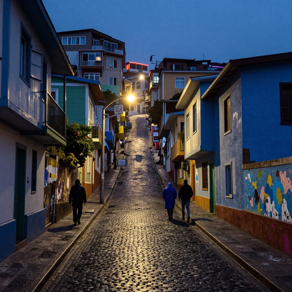 Midnight Street Scene in Valparaiso Chile with Paint Flecks and Raincoats in in Valparaiso, Chile