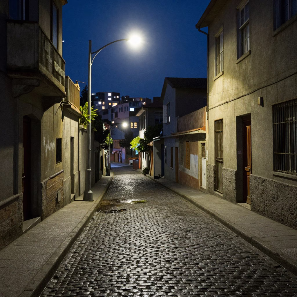 Midnight Street Scene in Valparaiso Chile with Rust and Concrete Details in in Valparaiso, Chile