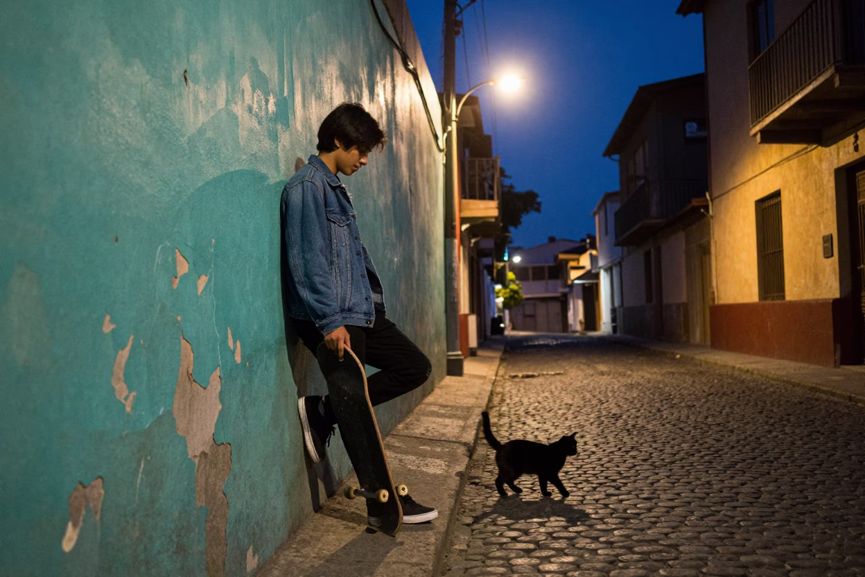 Midnight Street Scene in Valparaiso Chile With Skateboard And Black Cat in in Valparaiso, Chile