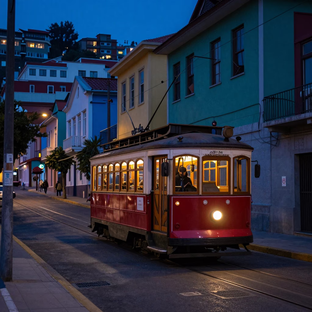 Midnight Street Scene in Valparaiso Chile with Tram and Colorful Facades in in Valparaiso, Chile