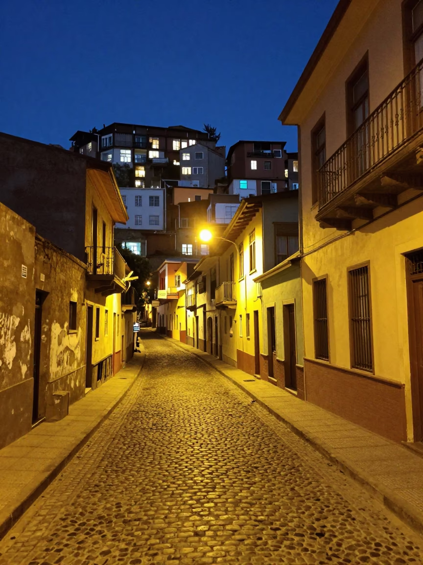 Midnight Street Scene in Valparaiso Chile with Vintage 1970s Details in in Valparaiso, Chile