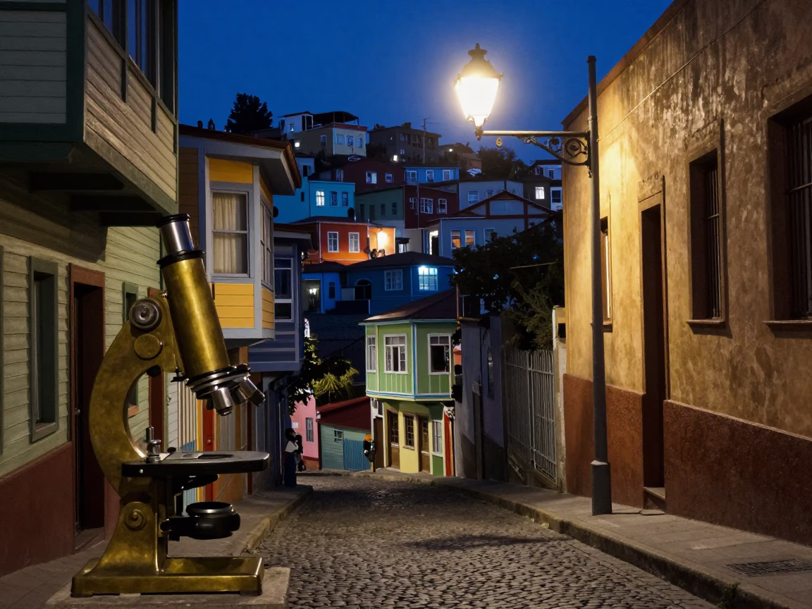 Midnight street scene in Valparaiso Chile with vintage brass microscope and accordion on cobblestone in in Valparaiso, Chile