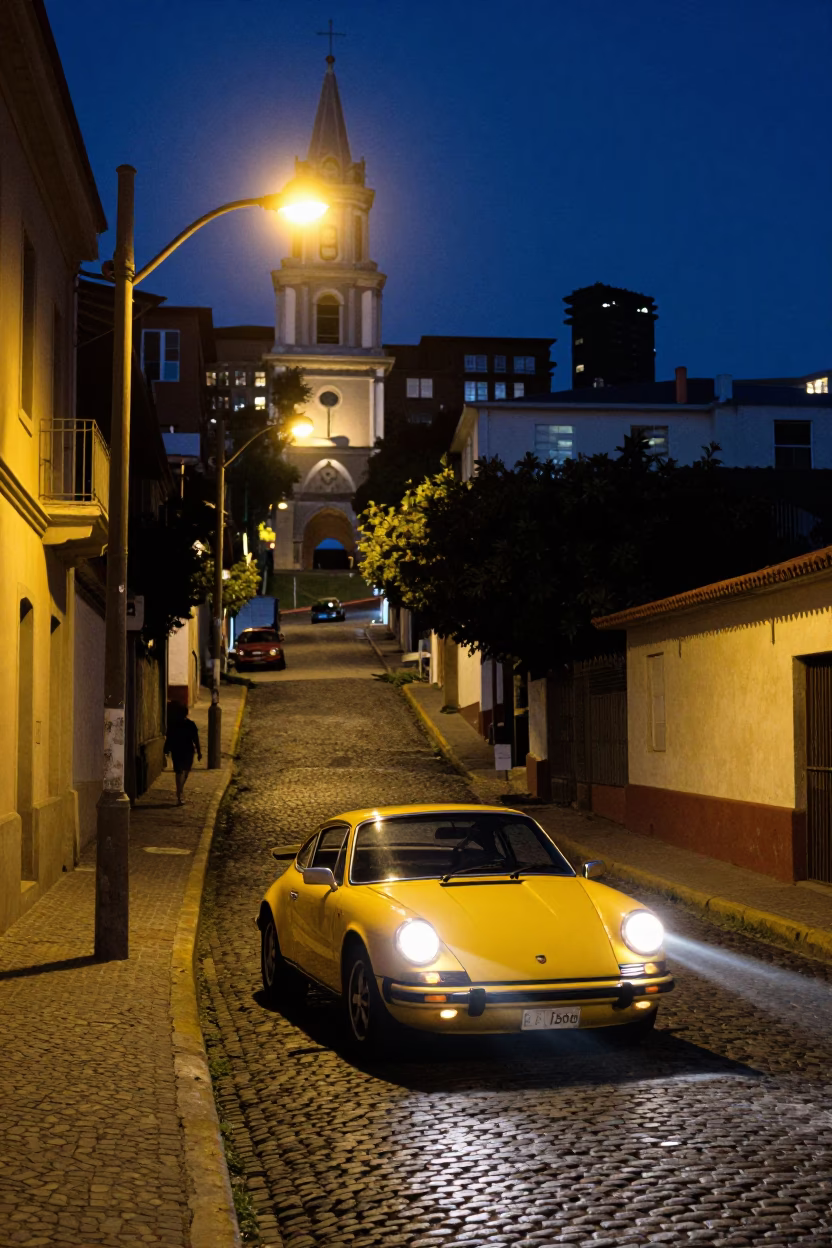 Midnight Street Scene in Valparaiso Chile with Vintage Sports Car and Guitar in in Valparaiso, Chile