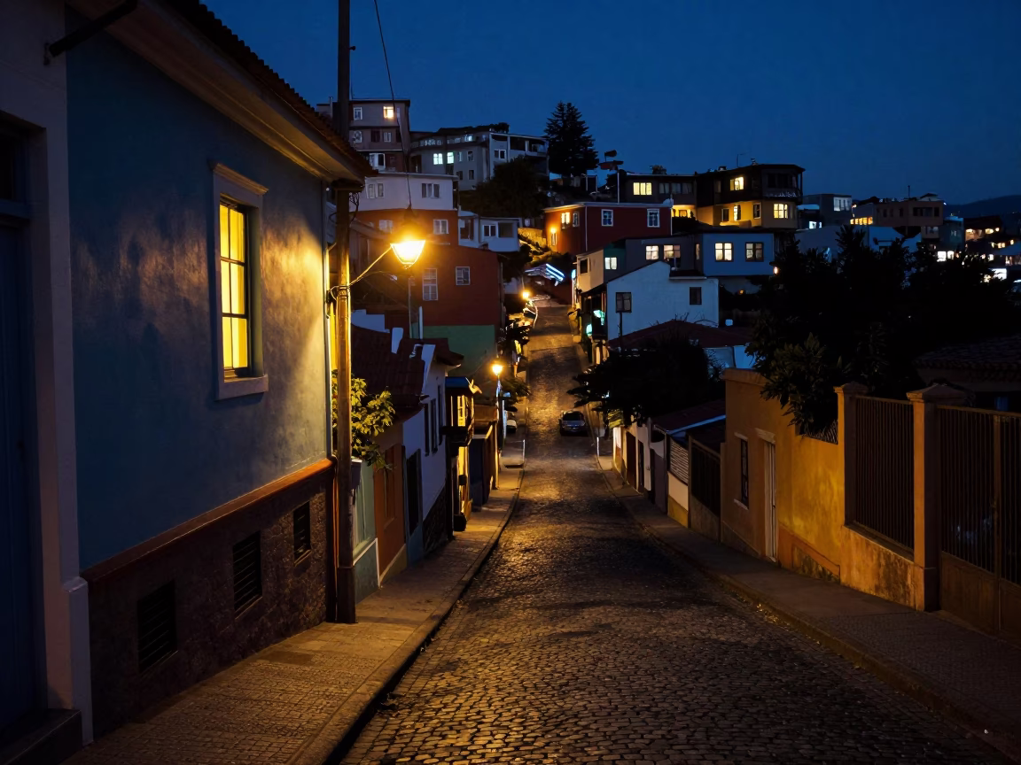 Midnight Street Scene in Valparaiso Chile with Window Light and Urban Details in in Valparaiso, Chile