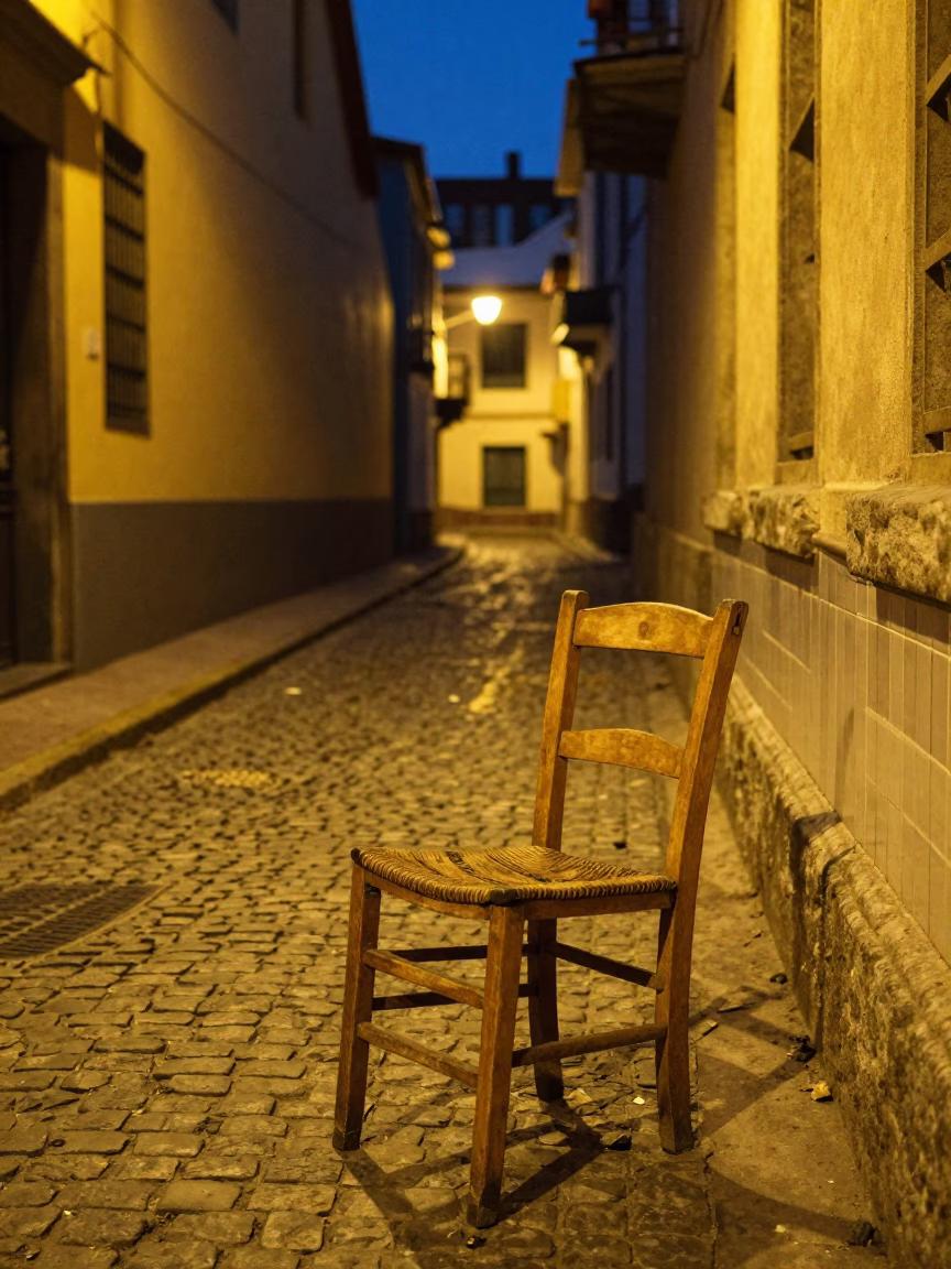Midnight Street Scene in Valparaiso Chile with Wooden Ladder Back Chair and Window Box in in Valparaiso, Chile