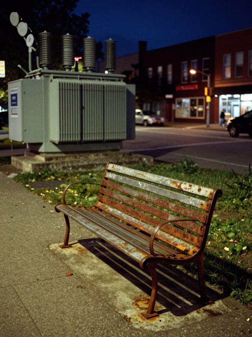 Midnight Street Scene in Vancouver British Columbia Canada with Rusty Bench and Urban Elements in in Vancouver, British Columbia, Canada