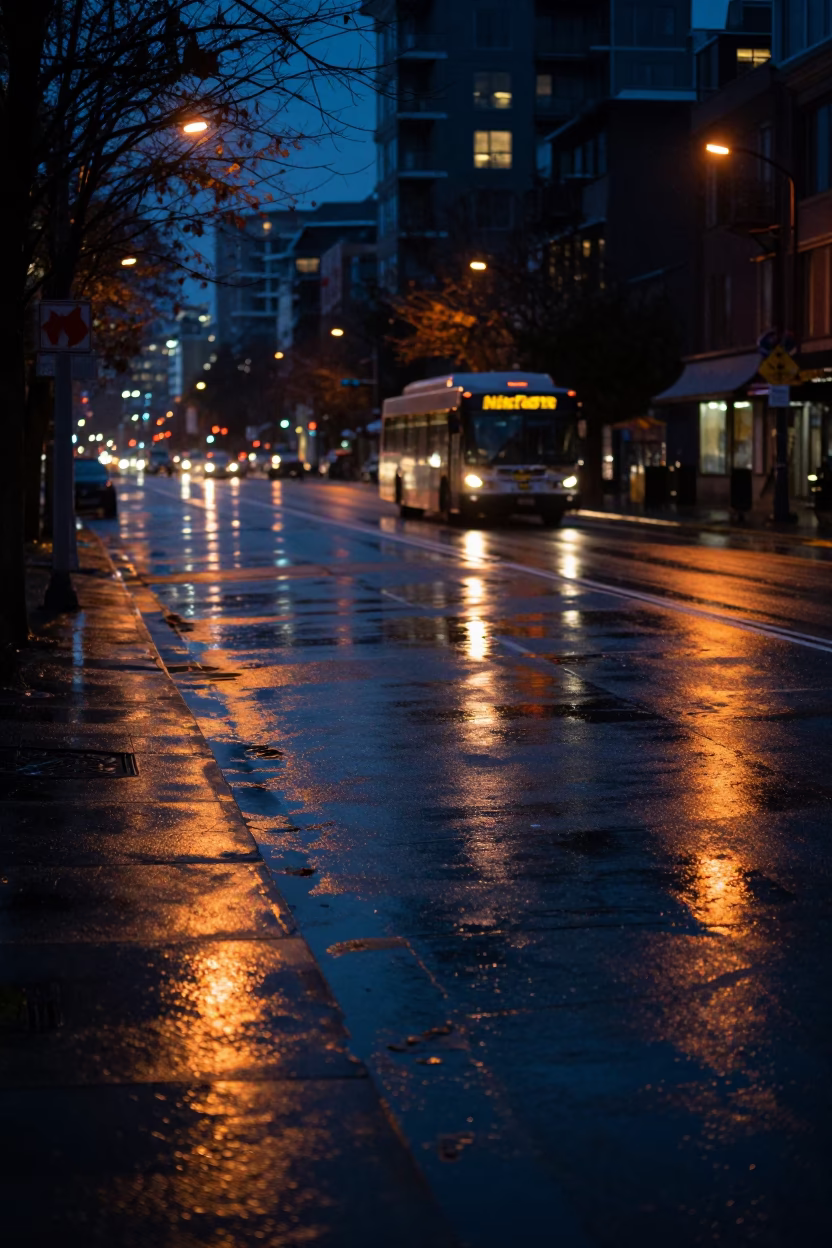 Midnight street scene in Vancouver British Columbia with wet pavement reflections and urban architecture in in Vancouver, British Columbia, Canada