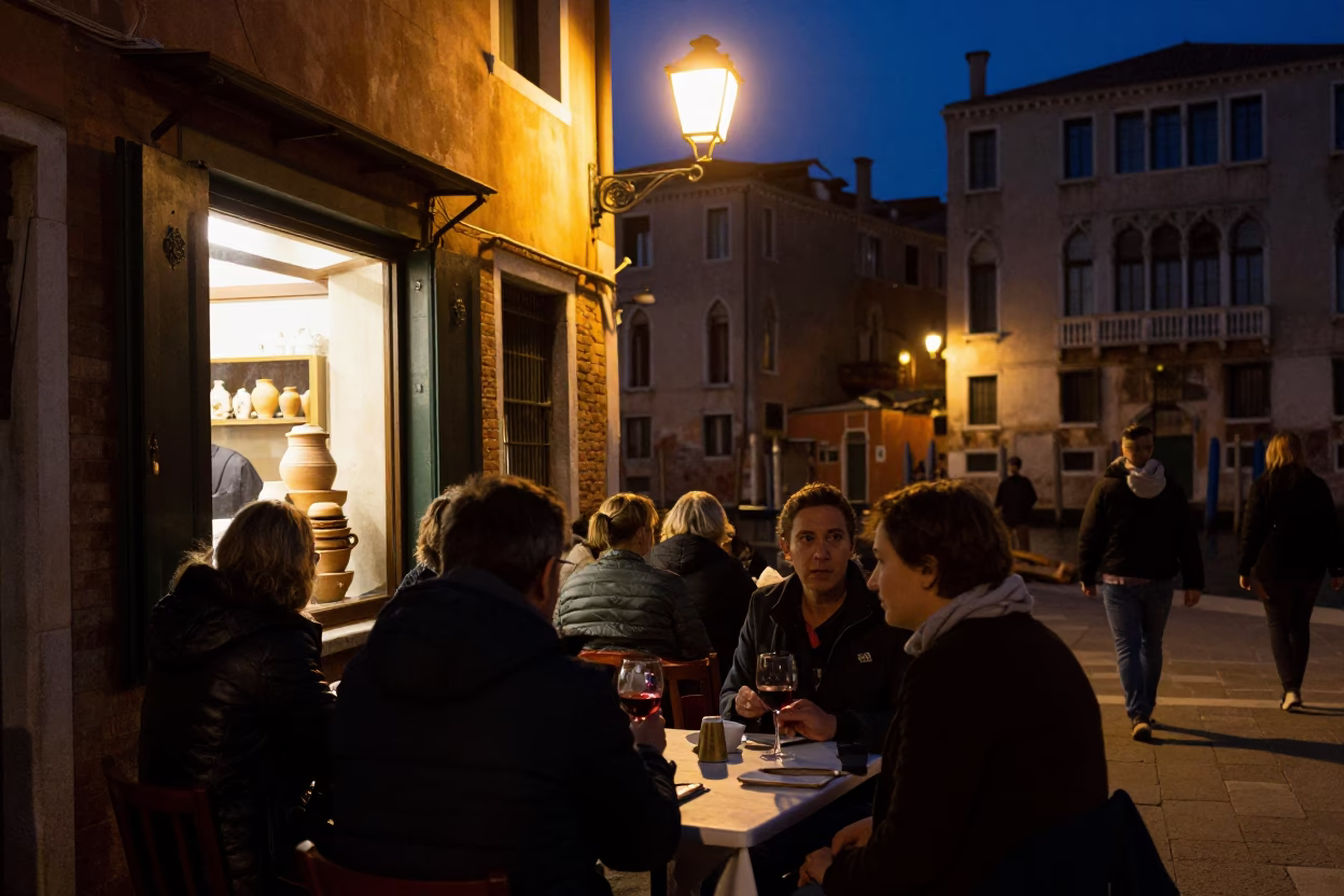 Midnight Street Scene in Venice Italy with Local Diner and Stoneware Dishes in in Venice, Italy