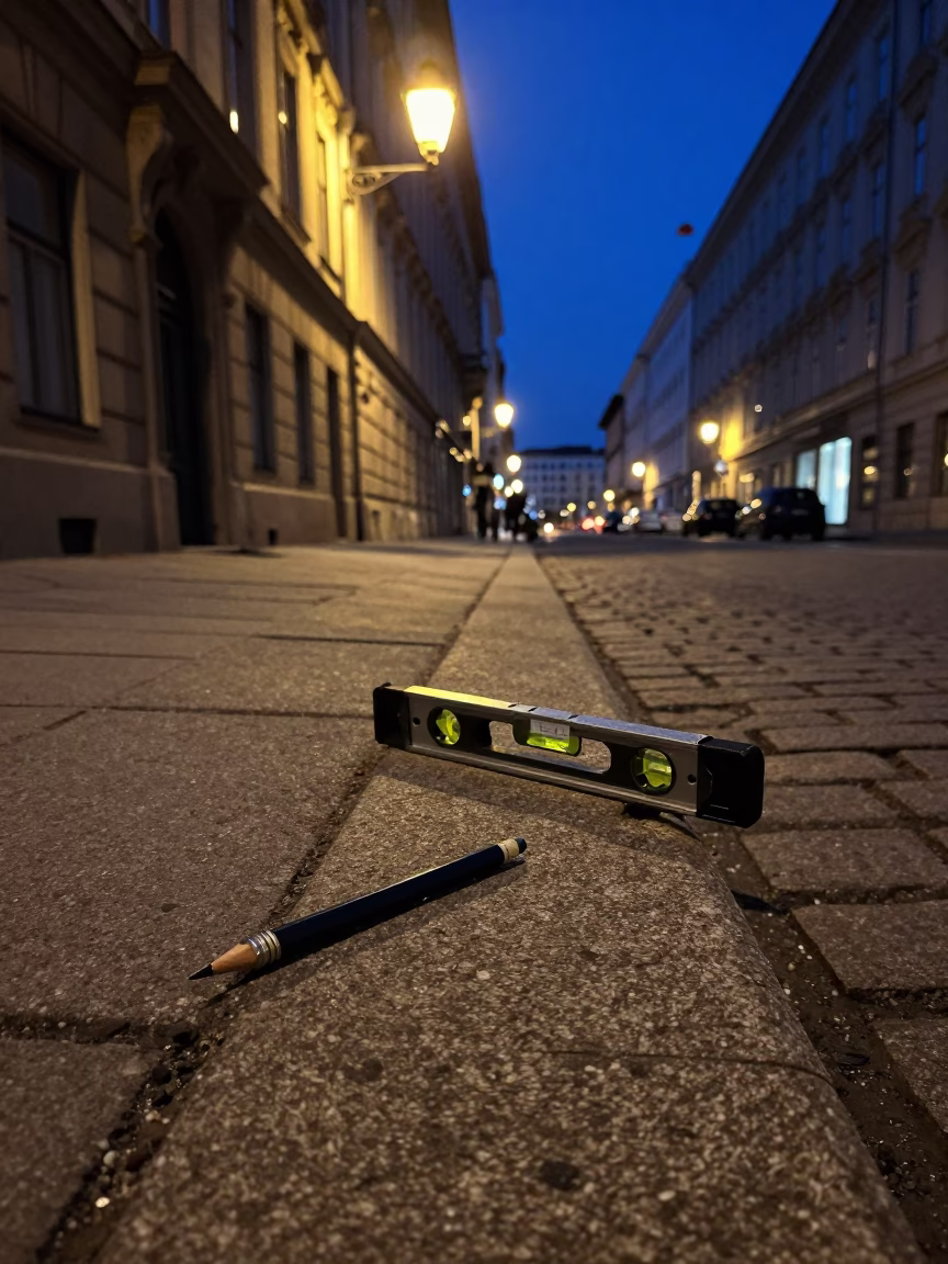 Midnight Street Scene in Vienna Austria with Mechanical Pencil and Spirit Level on Cobblestone in in Vienna, Austria