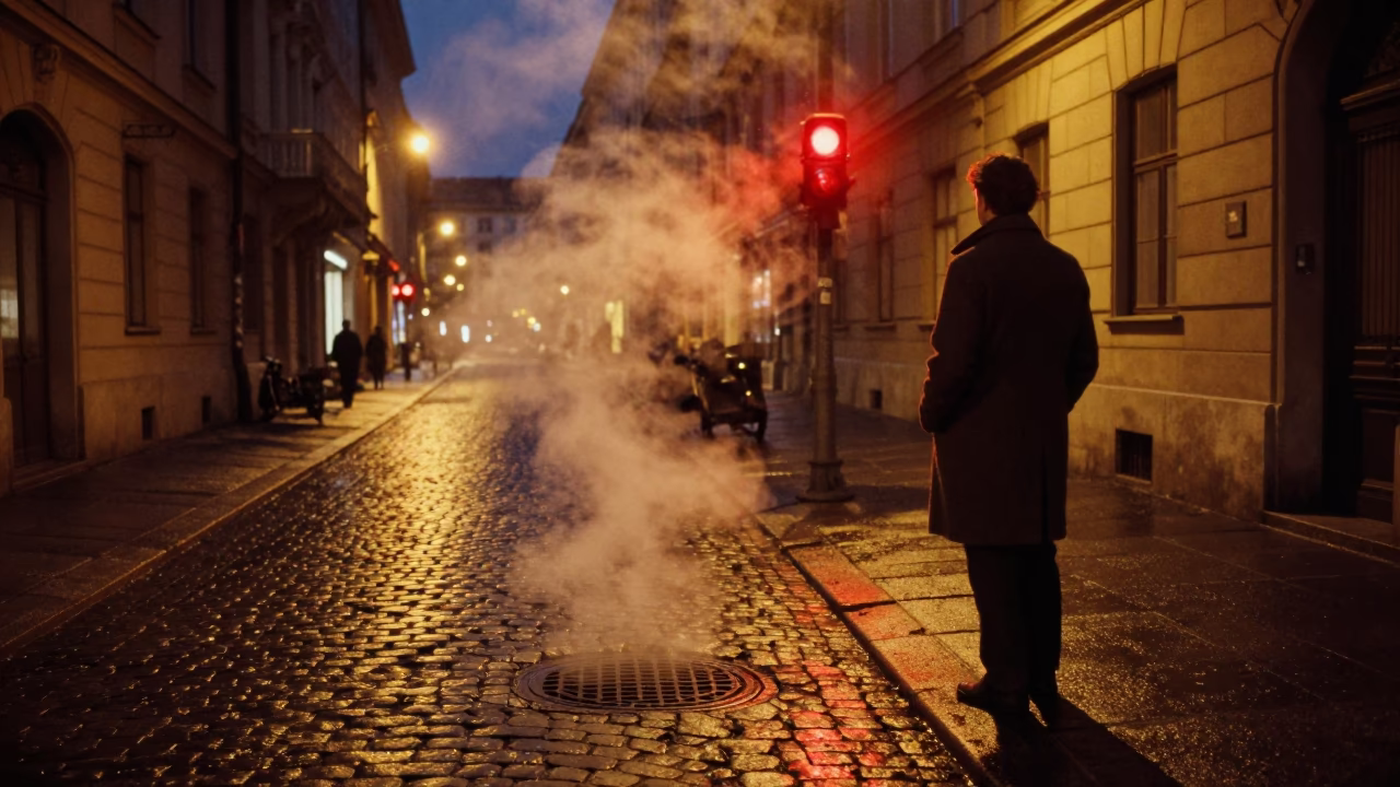 Midnight Street Scene in Vienna Austria with Red Beacon and Steam Haze in in Vienna, Austria